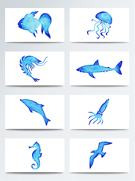水彩藍(lán)色海底生物免扣素材合集