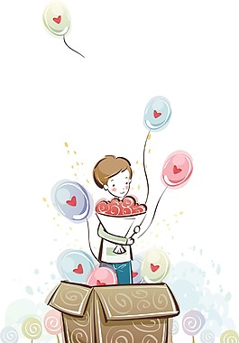 卡通抱花男孩礼盒png元素