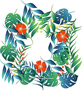 卡通紅色花朵綠葉png元素