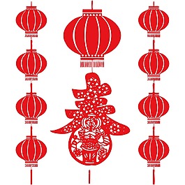 紅色新年燈籠剪紙畫png元素