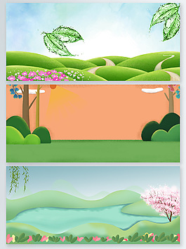 綠色手繪卡通春天banner背景
