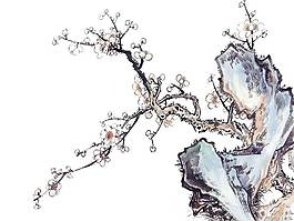 卡通中國水墨畫樹枝山石png元素