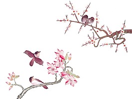 卡通鲜花树枝小鸟png元素