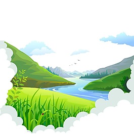 卡通蓝天白云小河绿地png元素