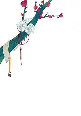 卡通紅色花朵樹枝png元素