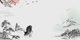 創(chuàng)意古風彩繪花枝雪山背景設計