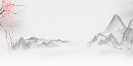 中国风彩绘花枝远处的山背景设计