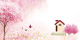 唯美粉色花树小屋背景设计