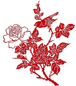 紅色花朵枝葉小鳥png元素
