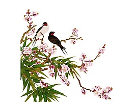 国画桃花燕子png元素
