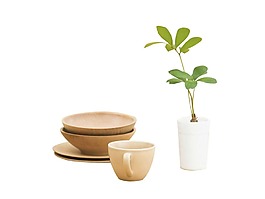 白色盆景木色茶杯碗具png元素