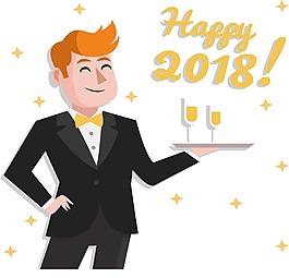卡通酒會(huì)服務(wù)員新年快樂(lè)png元素