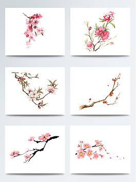 水墨下的驚蟄桃花枝元素素材