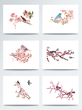 手繪的驚蟄桃花和鳥元素素材