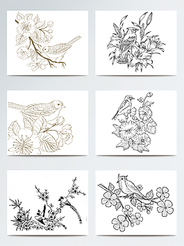 手绘线性桃花与鸟插画