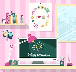 粉色系工作臺設(shè)計矢量素材