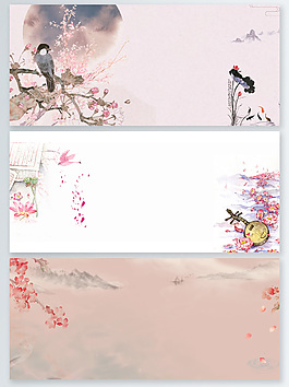 唯美手繪古風(fēng)桃花banner背景psd