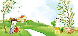 兒童植樹卡通綠色banner背景