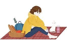 卡通女孩春游野餐png元素