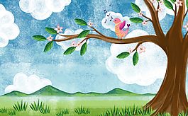 带鸟的水彩风景画