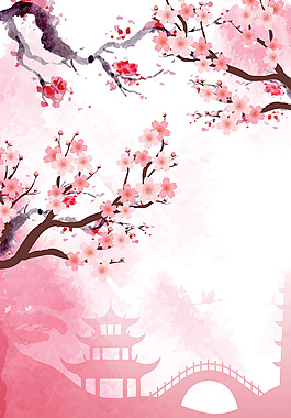 清新粉色桃花古代建筑國畫背景海報(bào)