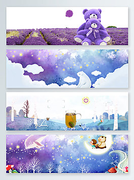 紫色夢幻浪漫鯨魚和小熊banner背景