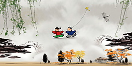 彩繪古典中式清明祭祖背景設(shè)計(jì)