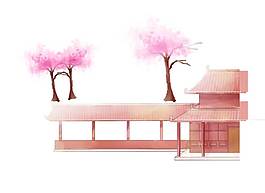卡通日式建筑粉色花樹png元素