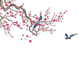 國畫桃花喜鵲png元素