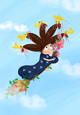 天空中騎掃把的女孩手繪插畫背景