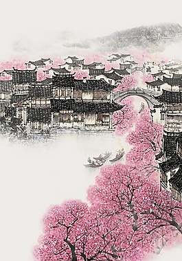 彩繪春季唯美小鎮(zhèn)風(fēng)景海報(bào)背景設(shè)計(jì)