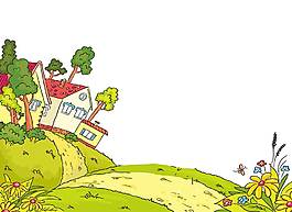卡通綠色草坪綠樹小屋png元素