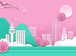 清新韓式春天氣息卡通立體花朵建筑背景