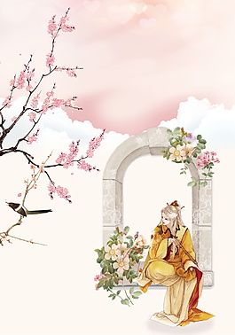 古风彩绘桃花海报背景设计