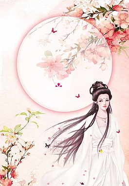 彩绘古风桃花海报背景设计