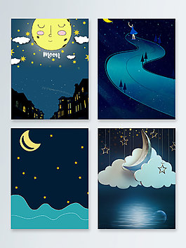 唯美藍(lán)色夜晚星空卡通月亮廣告背景