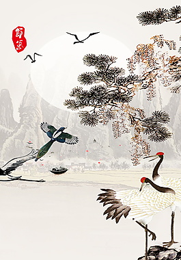彩繪古風(fēng)迎客松白鶴背景設(shè)計(jì)