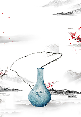 中式淡雅水墨插花禪意海報背景