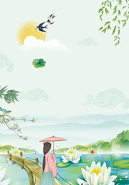 彩繪春季谷雨荷塘春姑娘海報背景設(shè)計