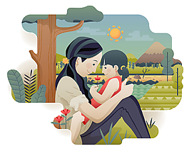 手繪卡通母親節(jié)素材母親帶女兒郊游矢量素材