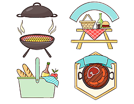 手繪卡通郊游野餐烤肉煮飯矢量元素
