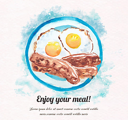 水彩绘美味煎蛋和香肠早餐矢量图