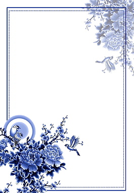 古風(fēng)藍(lán)色牡丹花枝小鳥邊框海報背景設(shè)計