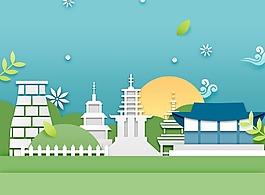 清新韓式春天氣息卡通立體花朵建筑背景