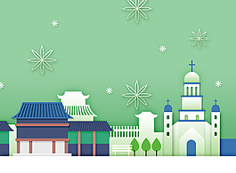 清新韓式春天氣息卡通立體花朵建筑背景