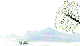 春季手绘水墨山水插画背景