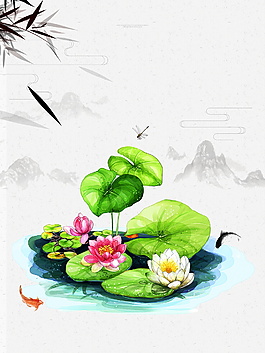 彩繪荷塘竹葉遠(yuǎn)山立夏節(jié)氣背景設(shè)計(jì)