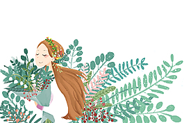通手繪春季少女插畫元素