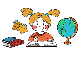 卡通女孩看書閱讀地球儀矢量元素