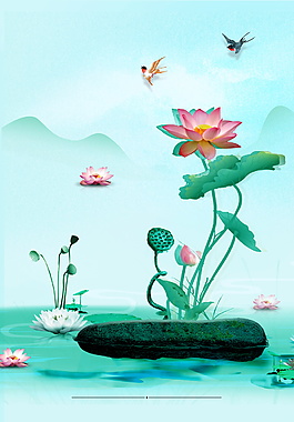 彩繪立夏荷塘燕子海報(bào)背景設(shè)計(jì)